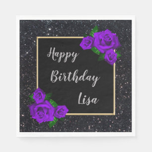 Elegant Chic Black Glitter Purple Roses Birthday Napkins