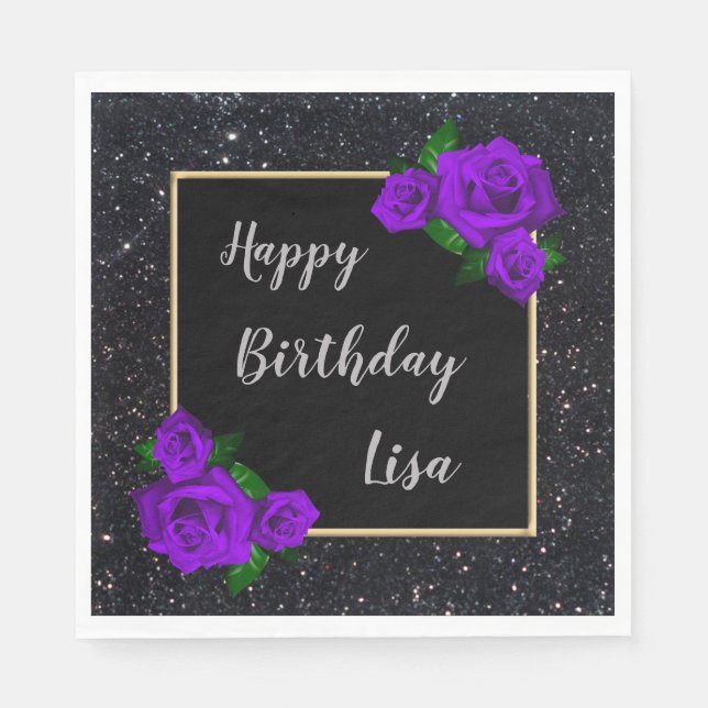 Elegant Chic Black Glitter Purple Roses Birthday Napkins (Front)