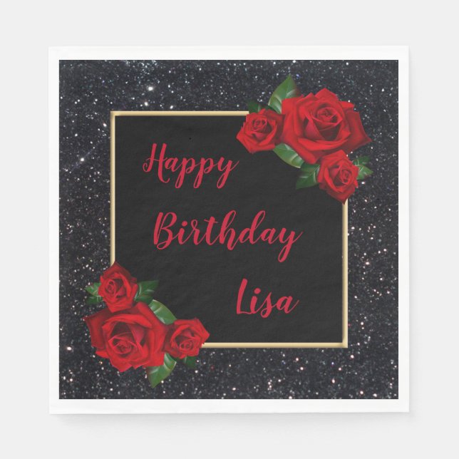 Elegant Chic Black Glitter Red Roses Birthday Napkins (Front)