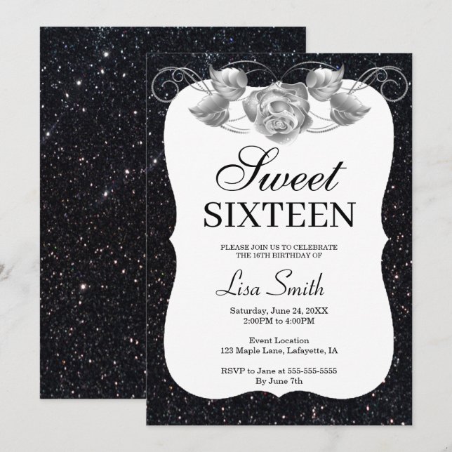 Elegant Chic Black Glitter Silver Rose Sweet 16 Invitation (Front/Back)