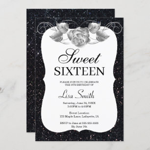 Elegant Chic Black Glitter Silver Rose Sweet 16 Invitation