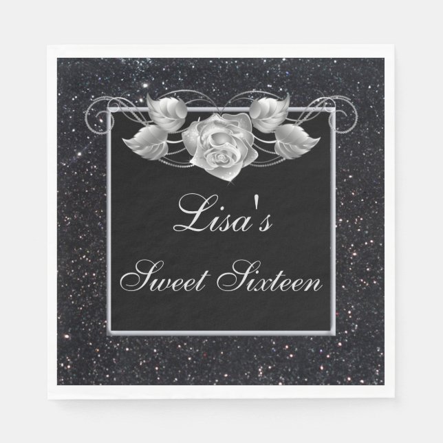 Elegant Chic Black Glitter Silver Rose Sweet 16 Napkins (Front)