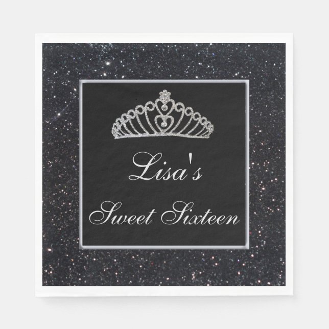 Elegant Chic Black Glitter Tiara Sweet 16 Napkins (Front)