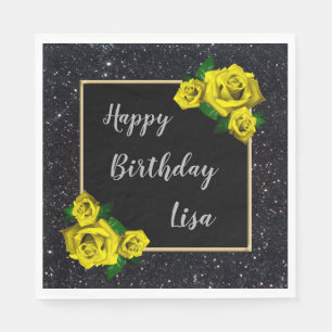 Elegant Chic Black Glitter Yellow Roses Birthday Napkins
