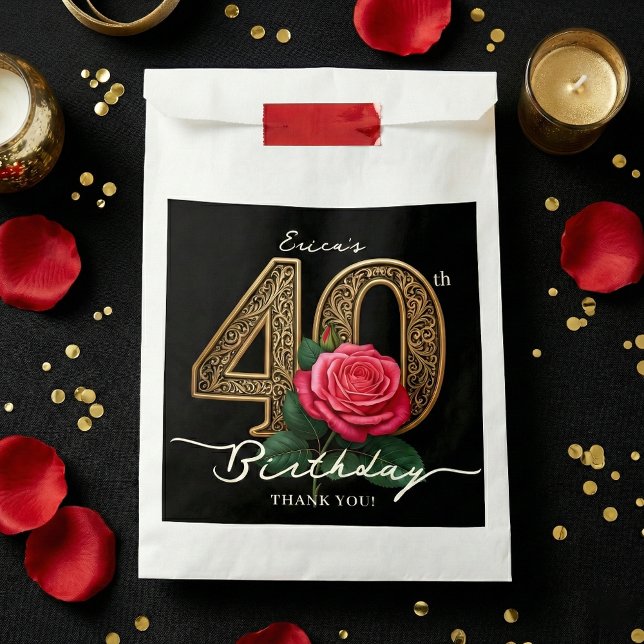 Elegant Chic Black Gold 40th Birthday Red Rose Favor Bag (Creator Uploaded)