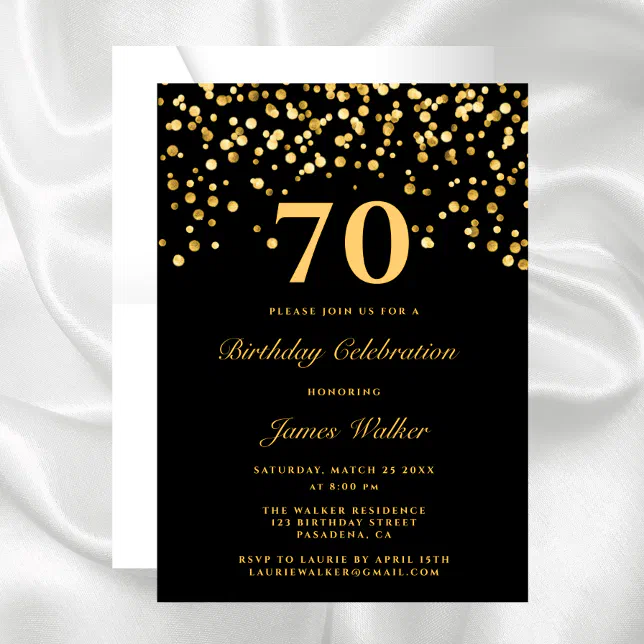 Elegant Chic Black Gold 70Th Birthday Party Invitation | Zazzle