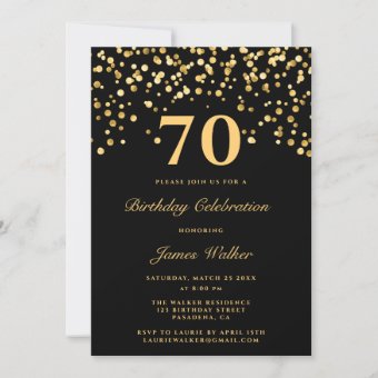 Elegant Chic Black Gold 70Th Birthday Party Invitation | Zazzle