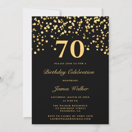 Elegant Chic Black Gold 70th Birthday Party Invitation | Zazzle