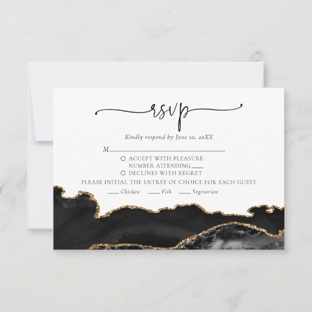Elegant Chic Black Gold Agate Wedding RSVP Card (Front)