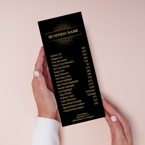 Elegant Chic Black  Gold Beauty Salon Price List  Rack Card