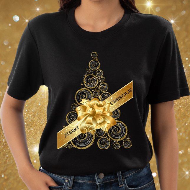 Elegant Chic Black Gold Christmas Tree and Bow T-Shirt (Creator Uploaded)