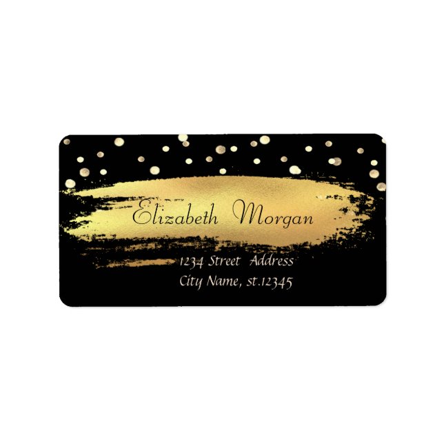 Elegant Chic Black, Gold Confetti, Brush Stroke Label (Front)