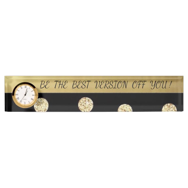 Elegant Chic Black Gold Dots-Motivational Message Desk Name Plate (Front)