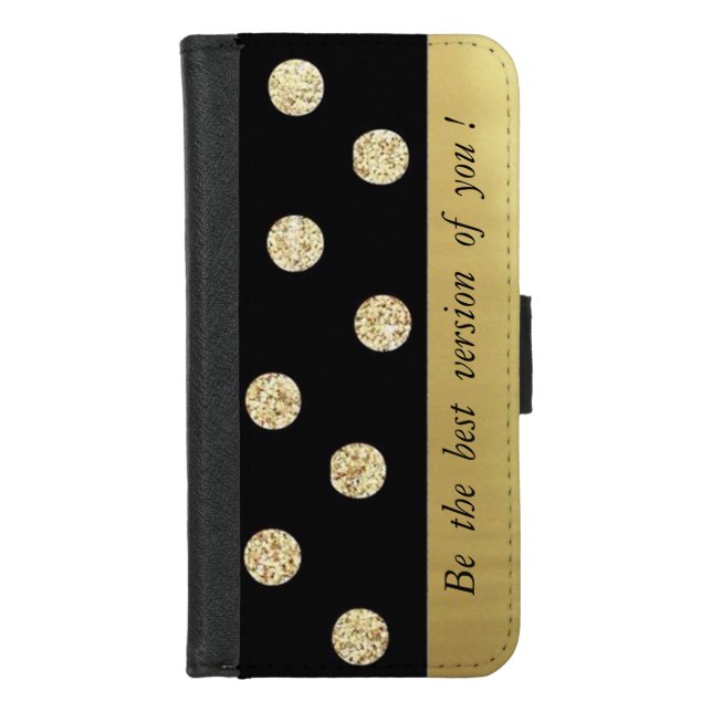 Elegant Chic Black Gold Dots-Motivational Message iPhone Wallet Case (Front)