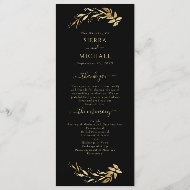 Elegant Chic Black Gold Foliage Wedding Program (Front)