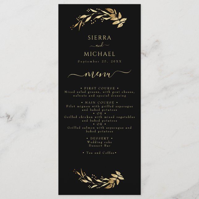 Elegant Chic Black Gold Foliage Wedding Reception Menu (Front)