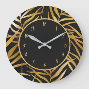 Elegant Chic Black Gold Glitter Leaves Design Large Clock