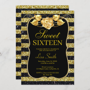 Elegant Chic Black Gold Glitter Rose Sweet 16 Invitation