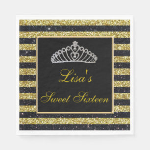 Elegant Chic Black Gold Glitter Tiara Sweet 16 Napkins