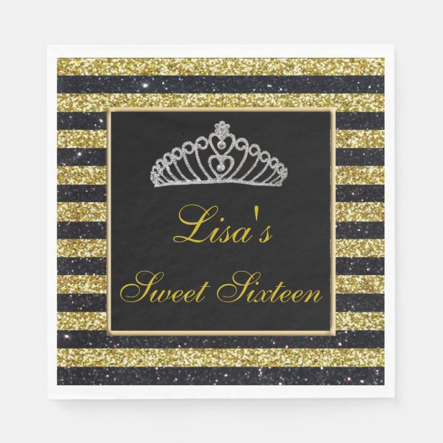 Elegant Chic Black Gold Glitter Tiara Sweet 16 Napkins (Front)