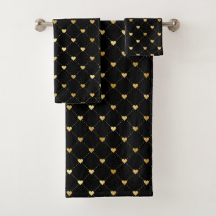 Elegant Chic Black Gold Hearts Pattern Bath Towel Set