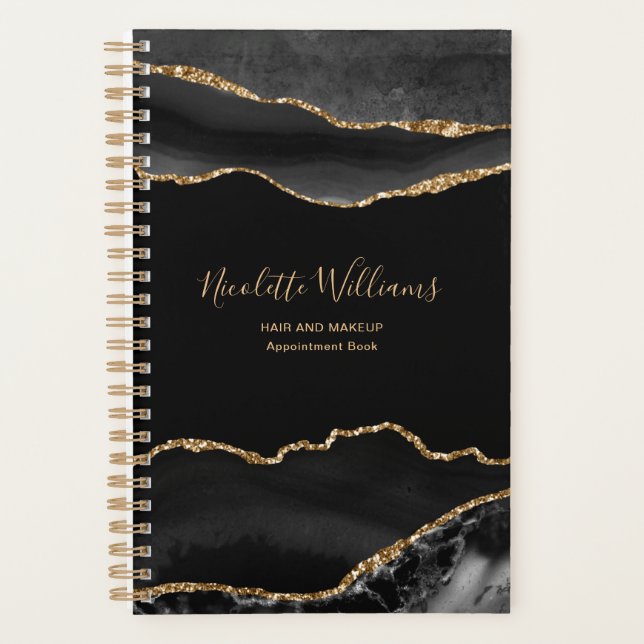 Elegant Chic Black Gold Marble Agate Personalized Planner (Front)
