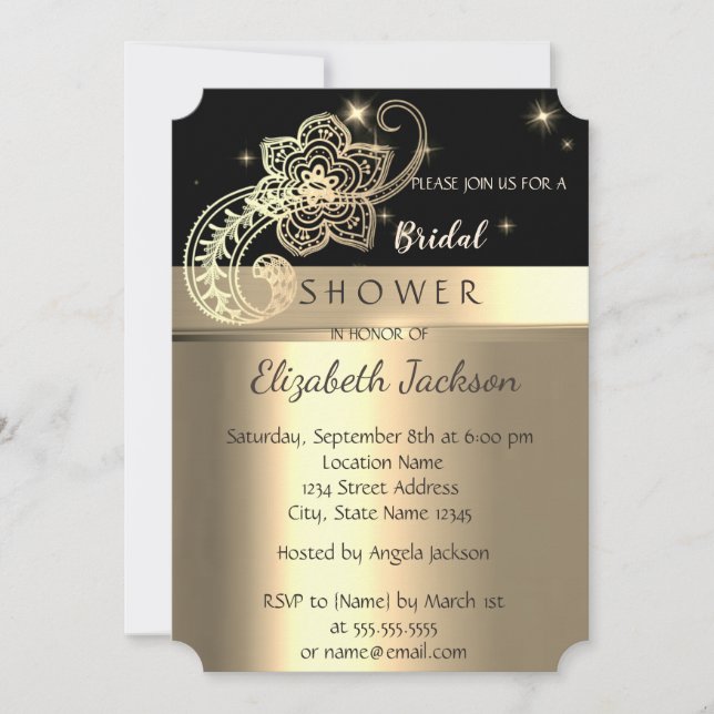 Elegant  Chic Black, Gold Paisley Bridal Shower Invitation (Front)