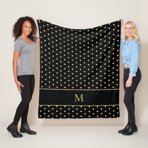 Elegant Chic Black Gold Polka Dot Monogram Fleece Blanket