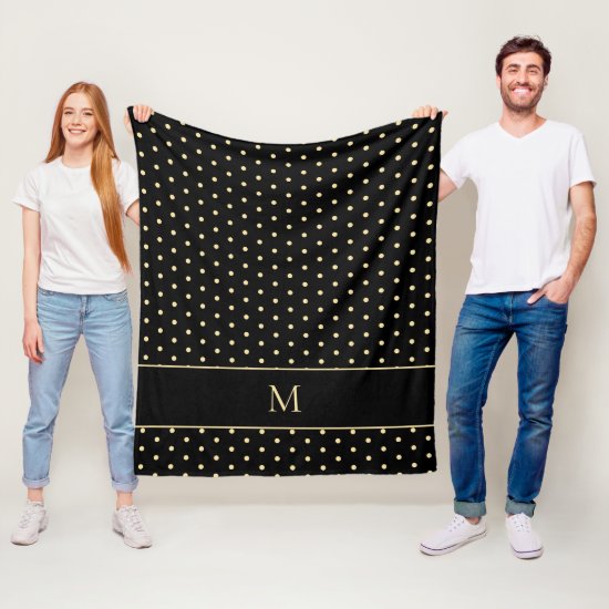 Elegant Chic Black Gold Polka Dot Monogram Fleece Blanket