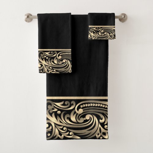 Elegant Chic Black Gold Swirls  Bath Towel Set