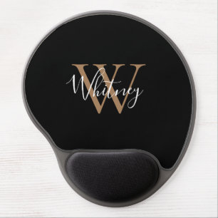 Elegant Chic Black Gold White Script Monogram Gel Mouse Pad