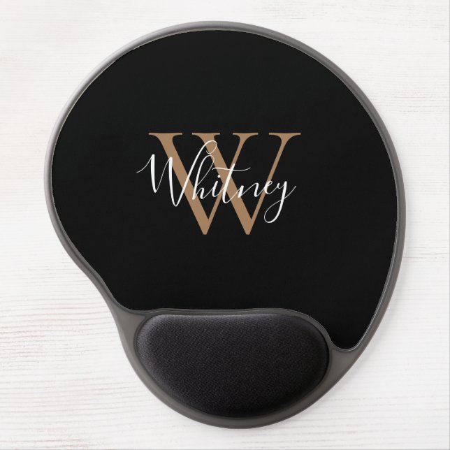  Elegant Chic Black Gold White Script Monogram   Gel Mouse Pad (Front)