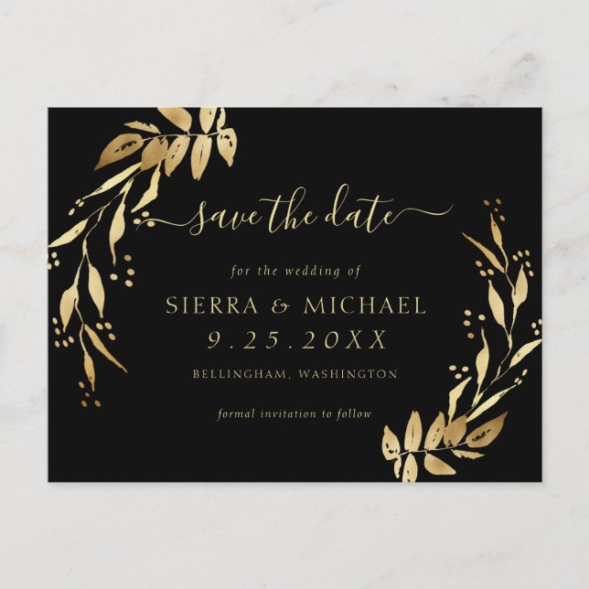 Elegant Chic Black Golden Foliage Save the Date Announcement Postcard (Front)