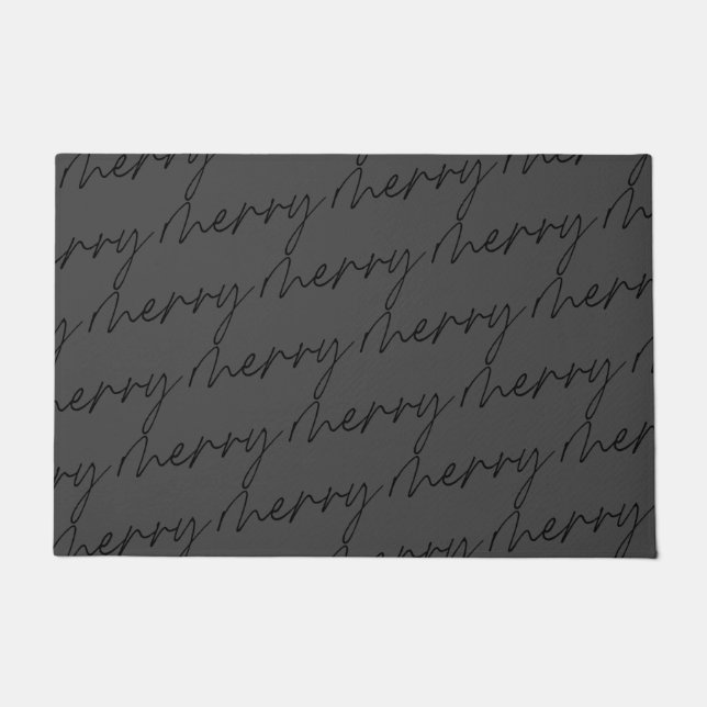 Elegant Chic Black Gray Merry Script Lettering Doormat (Front)
