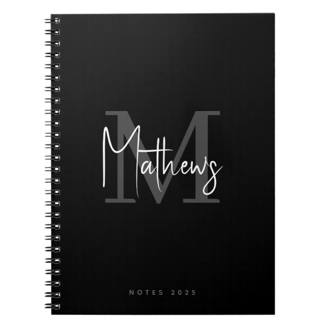 Elegant Chic Black Gray White Monogram Name Notebook (Front)