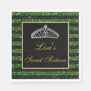Elegant Chic Black Green Glitter Tiara Sweet 16 Napkins