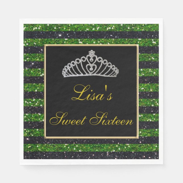 Elegant Chic Black Green Glitter Tiara Sweet 16 Napkins (Front)