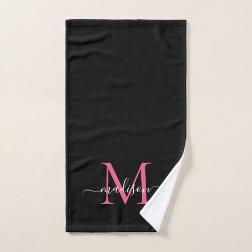Elegant Chic Black Hot Pink Monogram Script Name Hand Towel