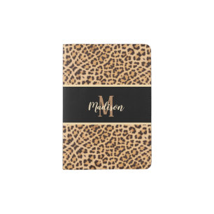 Elegant Chic Black Leopard Print Monogram Name Passport Holder