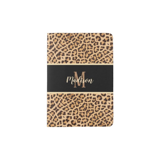 Elegant Chic Black Leopard Print Monogram Name  Passport Holder (Front)