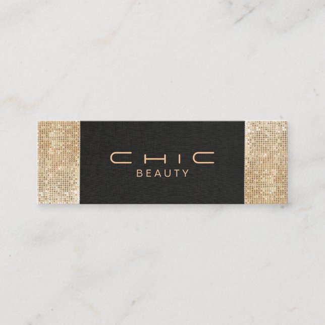 Elegant Chic Black Linen Gold Sequin Beauty Mini Business Card (Front)