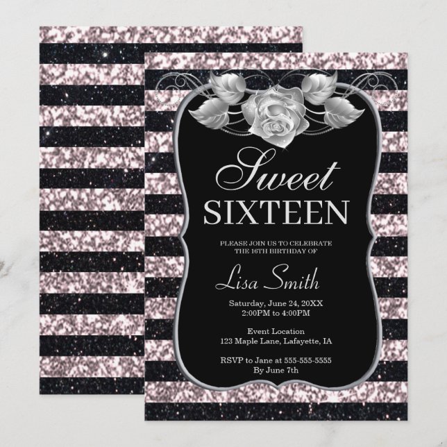 Elegant Chic Black Pink Glitter Rose Sweet 16 Invitation (Front/Back)
