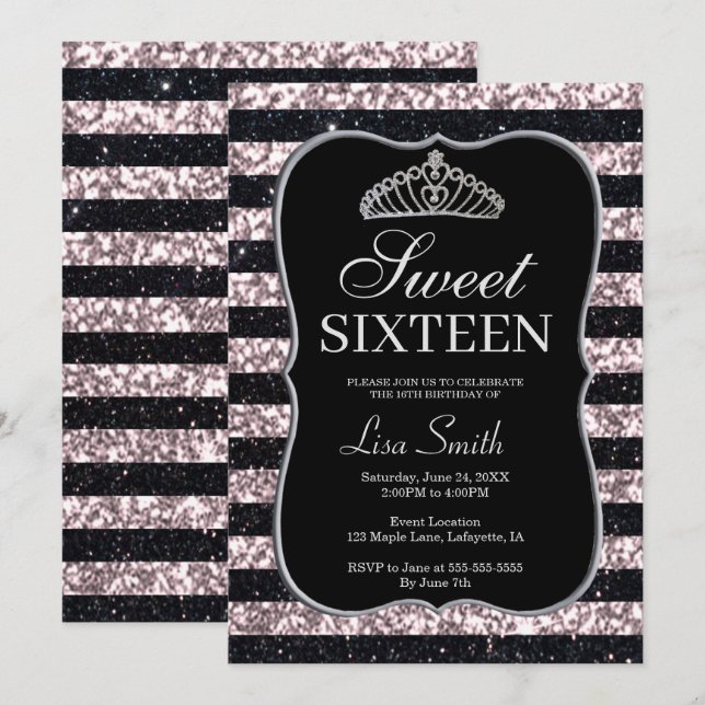 Elegant Chic Black Pink Glitter Tiara Sweet 16 Invitation (Front/Back)
