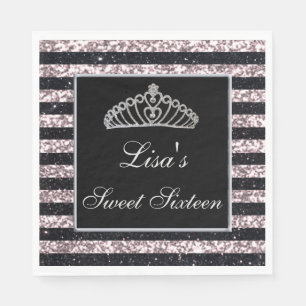 Elegant Chic Black Pink Glitter Tiara Sweet 16 Napkins