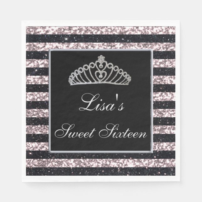 Elegant Chic Black Pink Glitter Tiara Sweet 16 Napkins (Front)