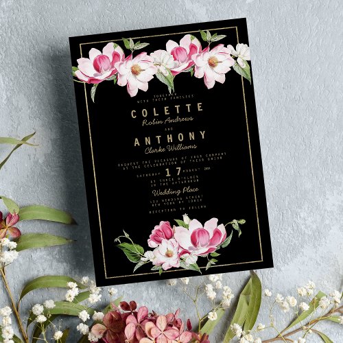 Elegant Chic Black Pink Gold Floral Wedding Invitation