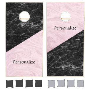 Elegant Chic Black Pink Marble Personalized Cornhole Set