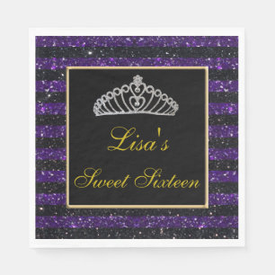 Elegant Chic Black Purple Glitter Tiara Sweet 16 Napkins