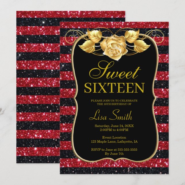 Elegant Chic Black Red Glitter Rose Sweet 16 Invitation (Front/Back)