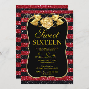 Elegant Chic Black Red Glitter Rose Sweet 16 Invitation